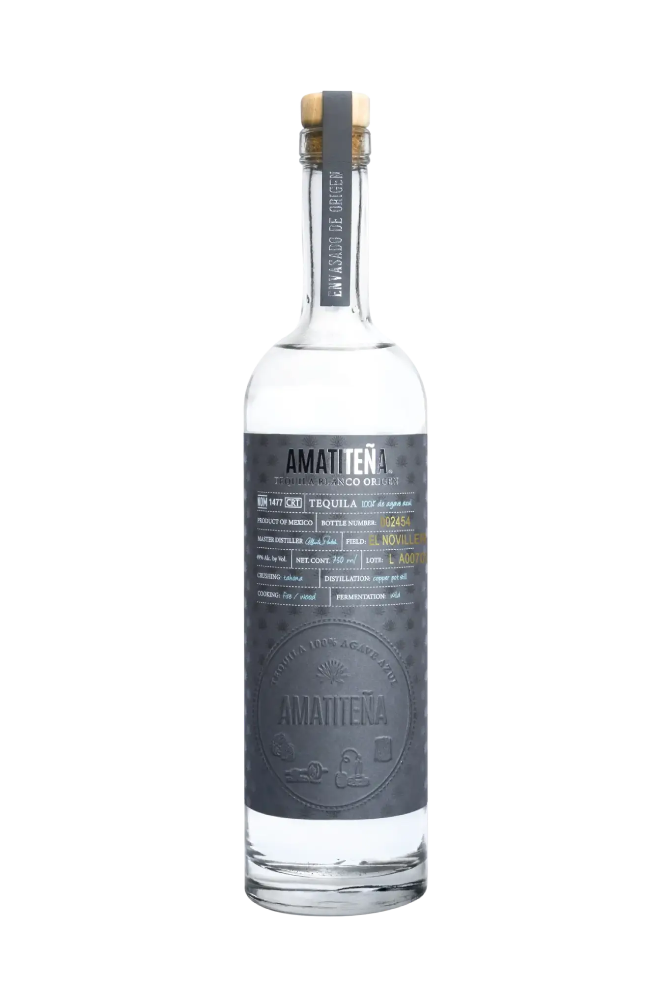 Amatitena Tequila Blanco Origen - Klare Flasche mit schwarzem Etikette