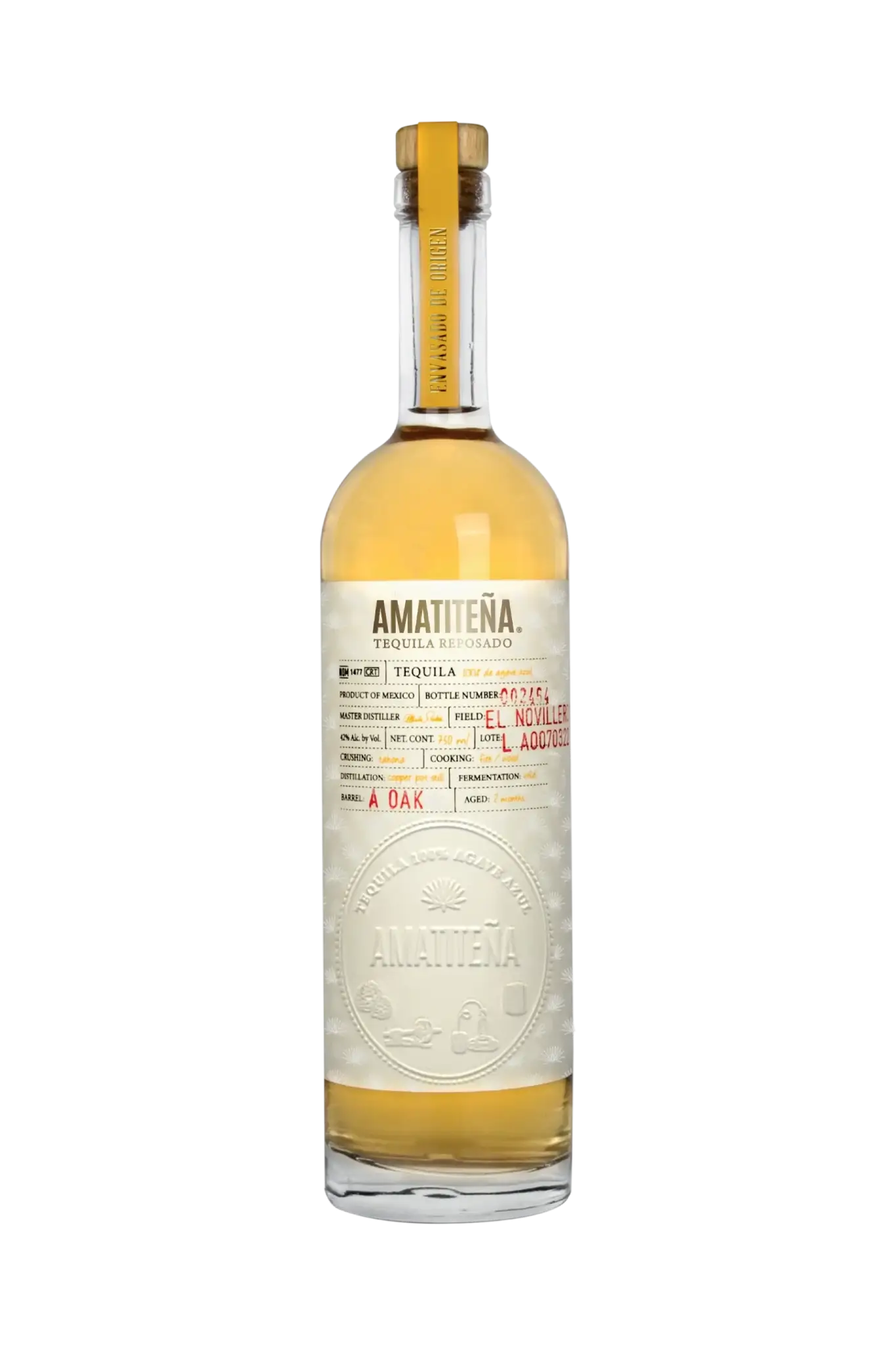 Amatitena Tequila Reposado - Gelb-goldener Inhalt mit gold-weißem Etikette