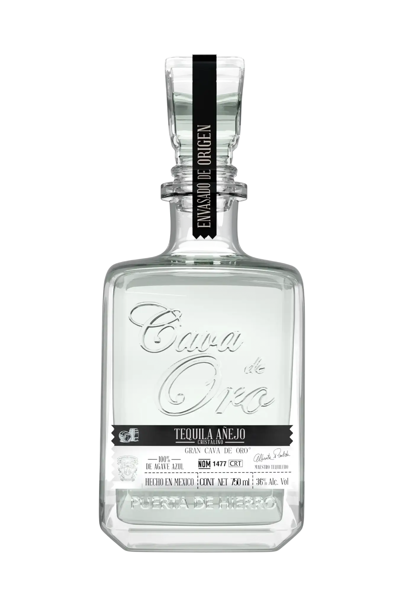 Cava de Oro Tequila Anejo Cristalino - Viereckige Flasche mit klarem Inhalt und schwarzem Etikette