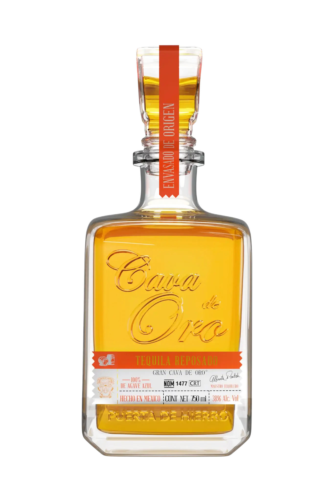 Cava de Oro Tequila Reposado - Viereckige Flasche mit goldenem Inhalt und orangem Etikett
