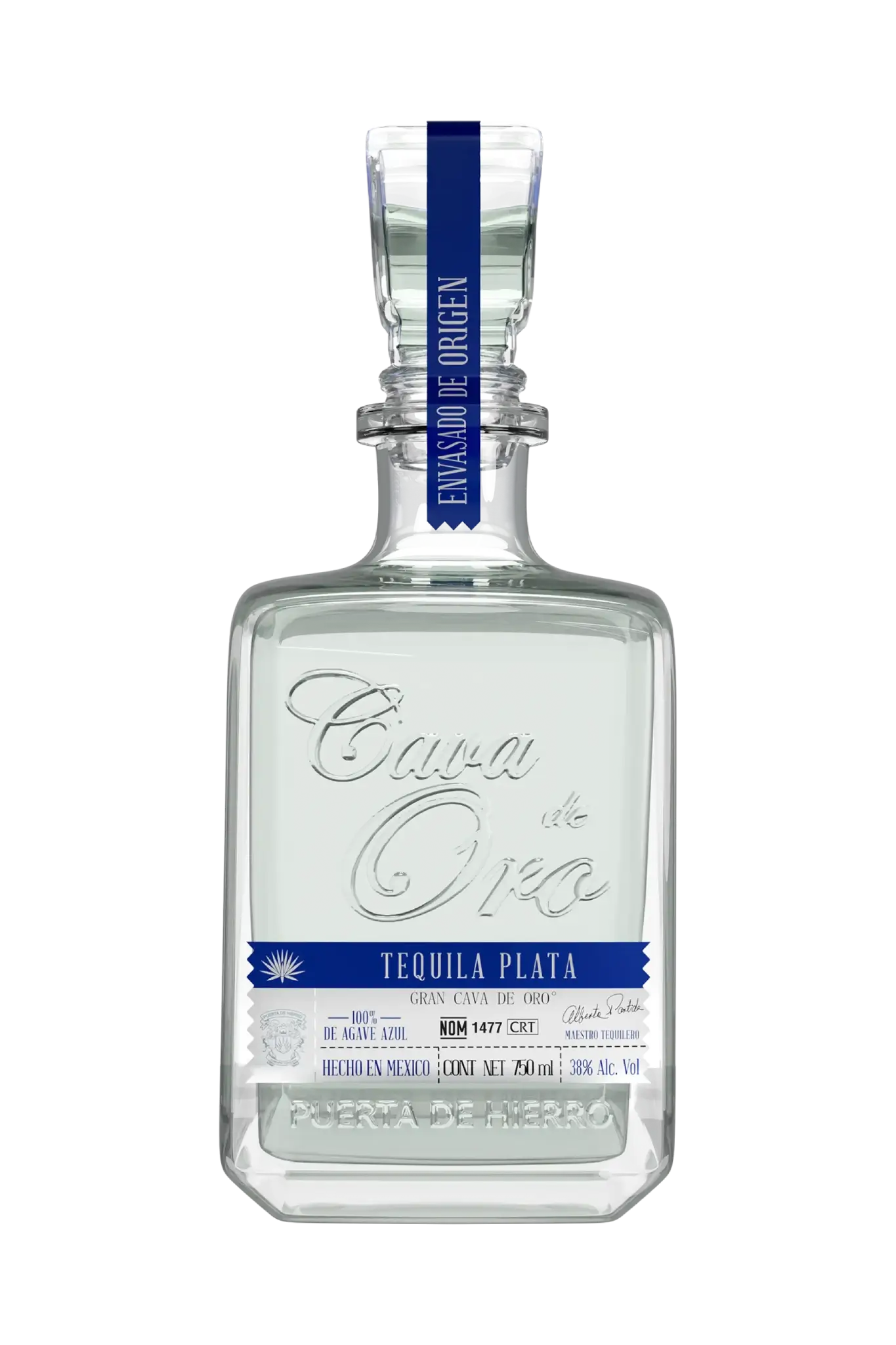 Cava de Oro Tequila Plata - Viereckige klare Flasche mit blauem Etikette