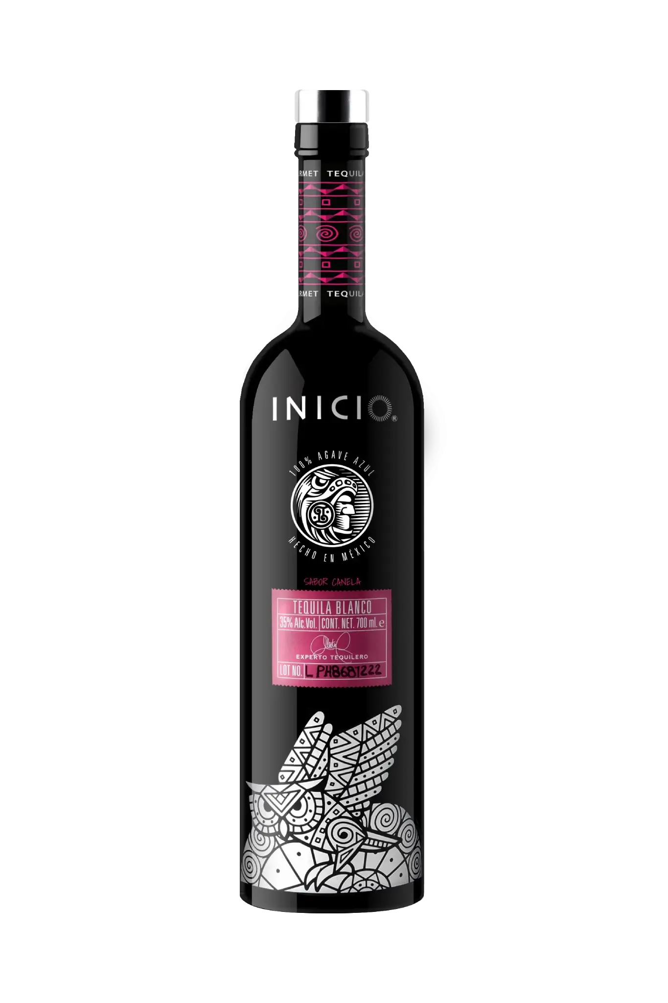 INICIO Tequila Blanco Sabor Canela - Pinkes Etikette schwarze Flasche